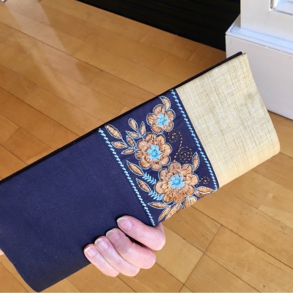 Floral Embroidered Clutch, Navy Blue, Ivory, Cream, Bronze